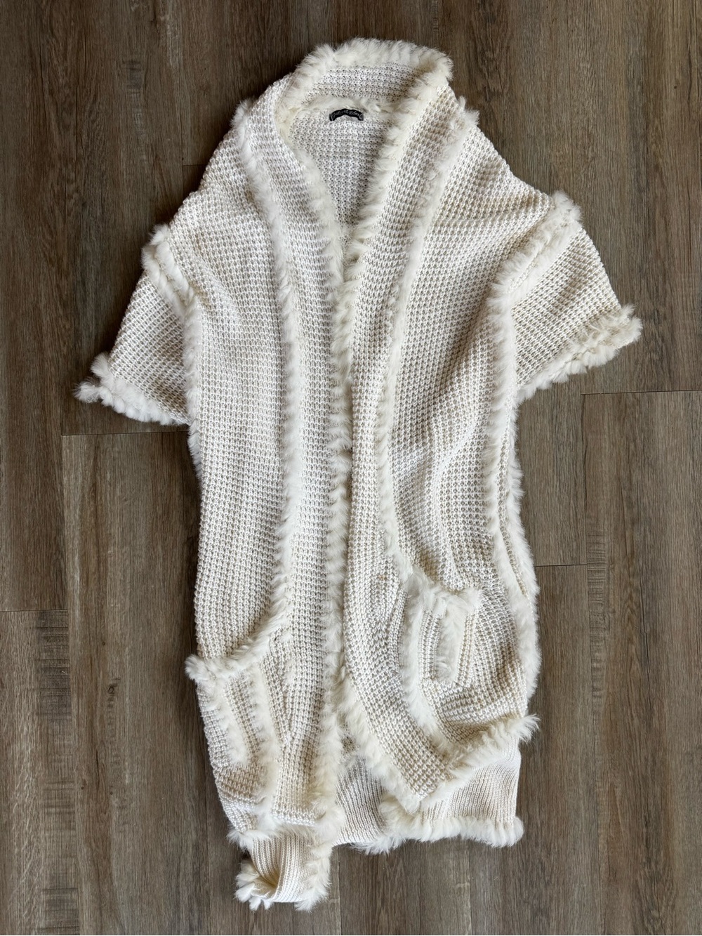 Rabbit Fur Trim Cream Open-Front Cardigan Sweater Knit